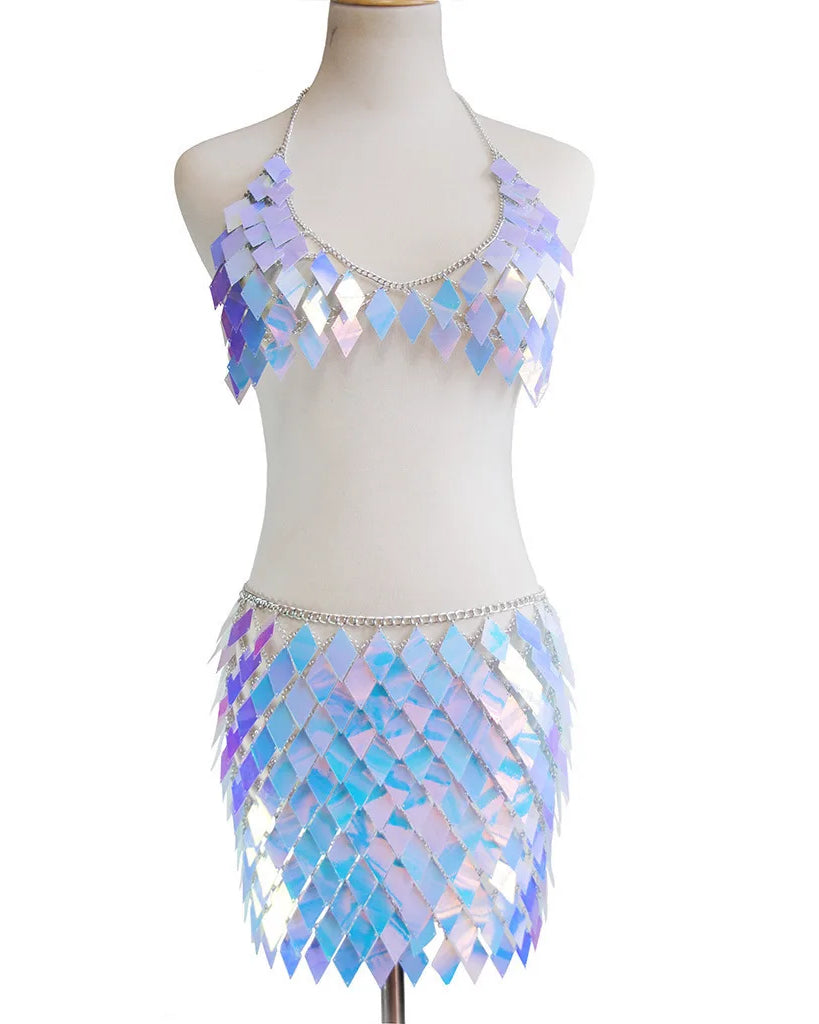 blue Rhombic Metal Backless Skirt and Top Set Festival Outfit Fashion Concert Rave outfits