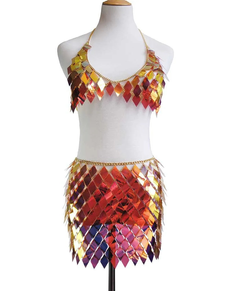 orange yellow gold Rhombic Metal Backless Skirt and Top Set Festival Outfit Fashion Concert Rave outfits