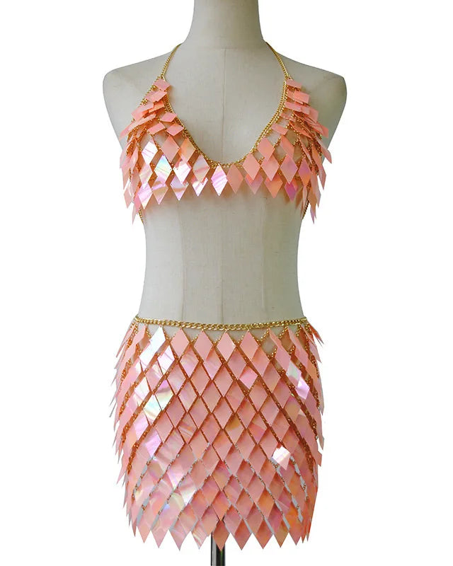 pink Rhombic Metal Backless Skirt and Top Set Festival Outfit Fashion Concert Rave outfits