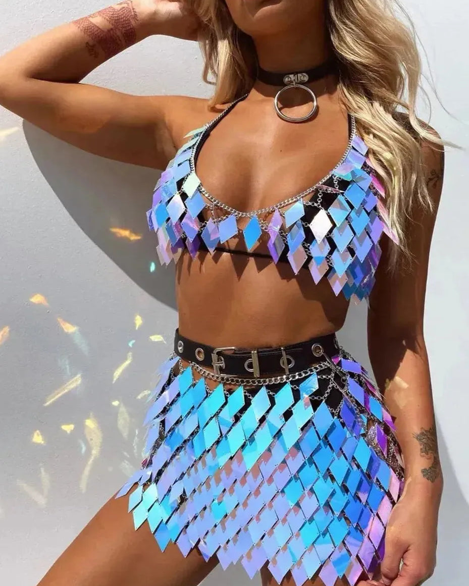Rhombic Metal Backless Skirt and Top Set, shimmering sequin festival outfit in shades of blue and purple.