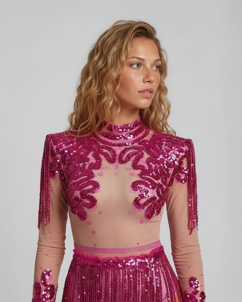 Alessia Rose sequin bodysuit with fringe skirt, featuring a mock-neck, structured shoulders, and nude sheer midriff.