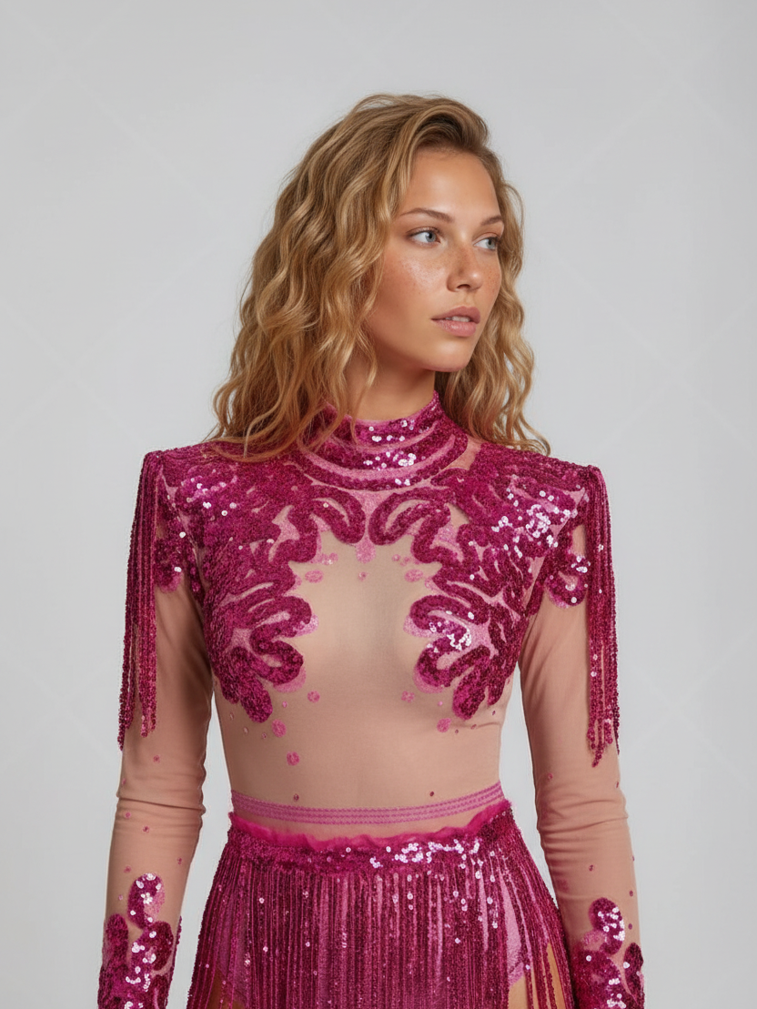 Body de lentejuelas Alessia Rose con falda de flecos, con cuello alto simulado, hombros estructurados y vientre transparente en tono nude.