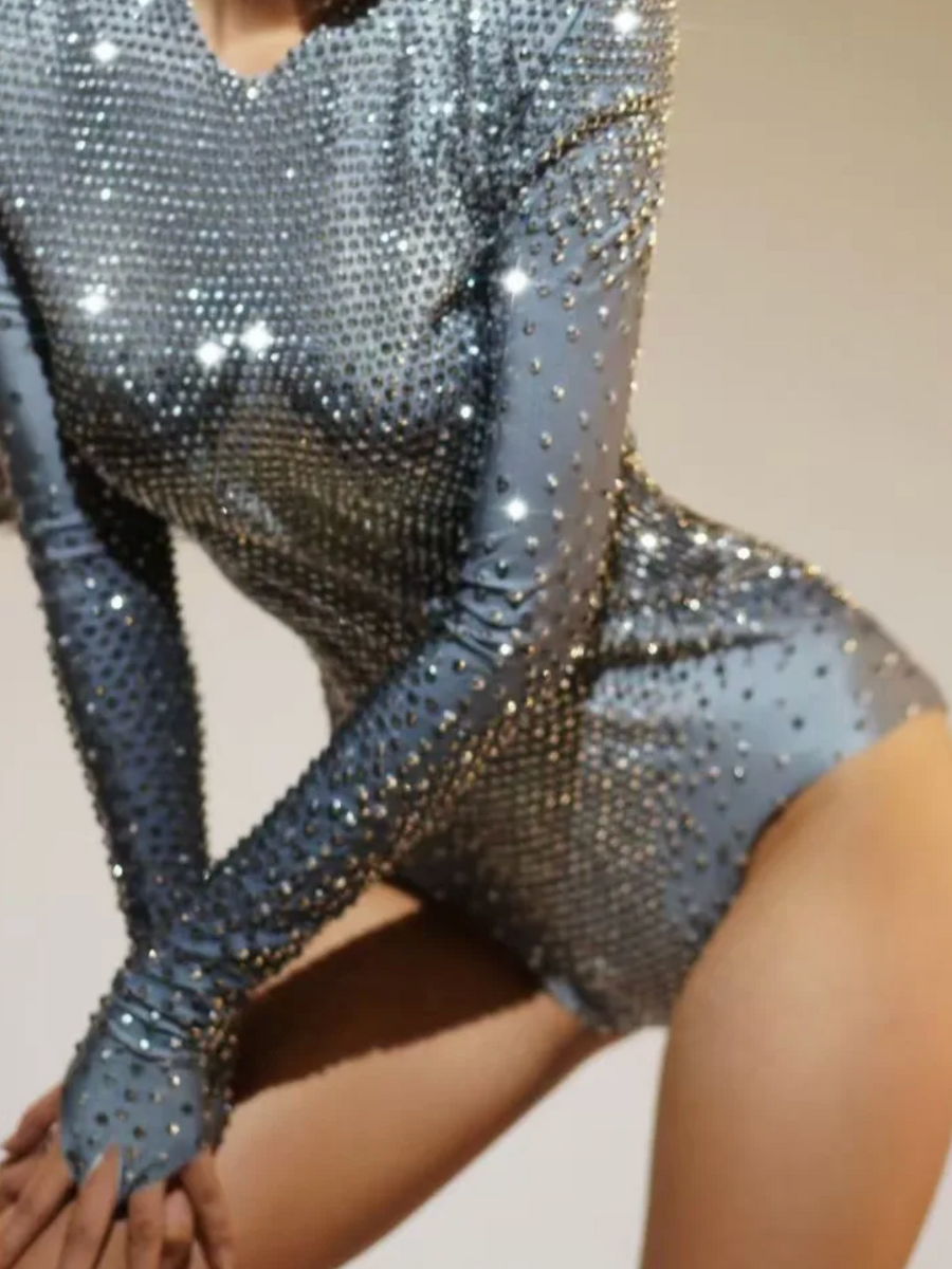 S Silber Strass Langarm-Body