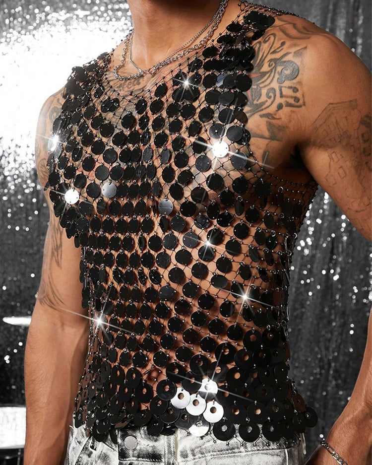 Men's black mirror disc chain vest, handmade with interlocking reflective discs, open-link construction.