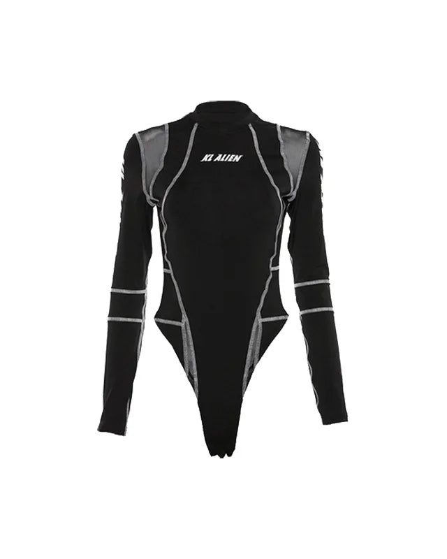 Black Rave Bodysuit with long sleeves and mesh details, perfect for raves and techno parties.