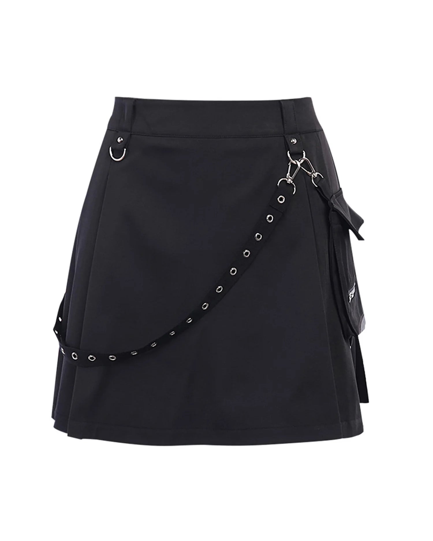Black Rave Mini Skirt featuring removable side pocket and stylish detailing for techno nights.