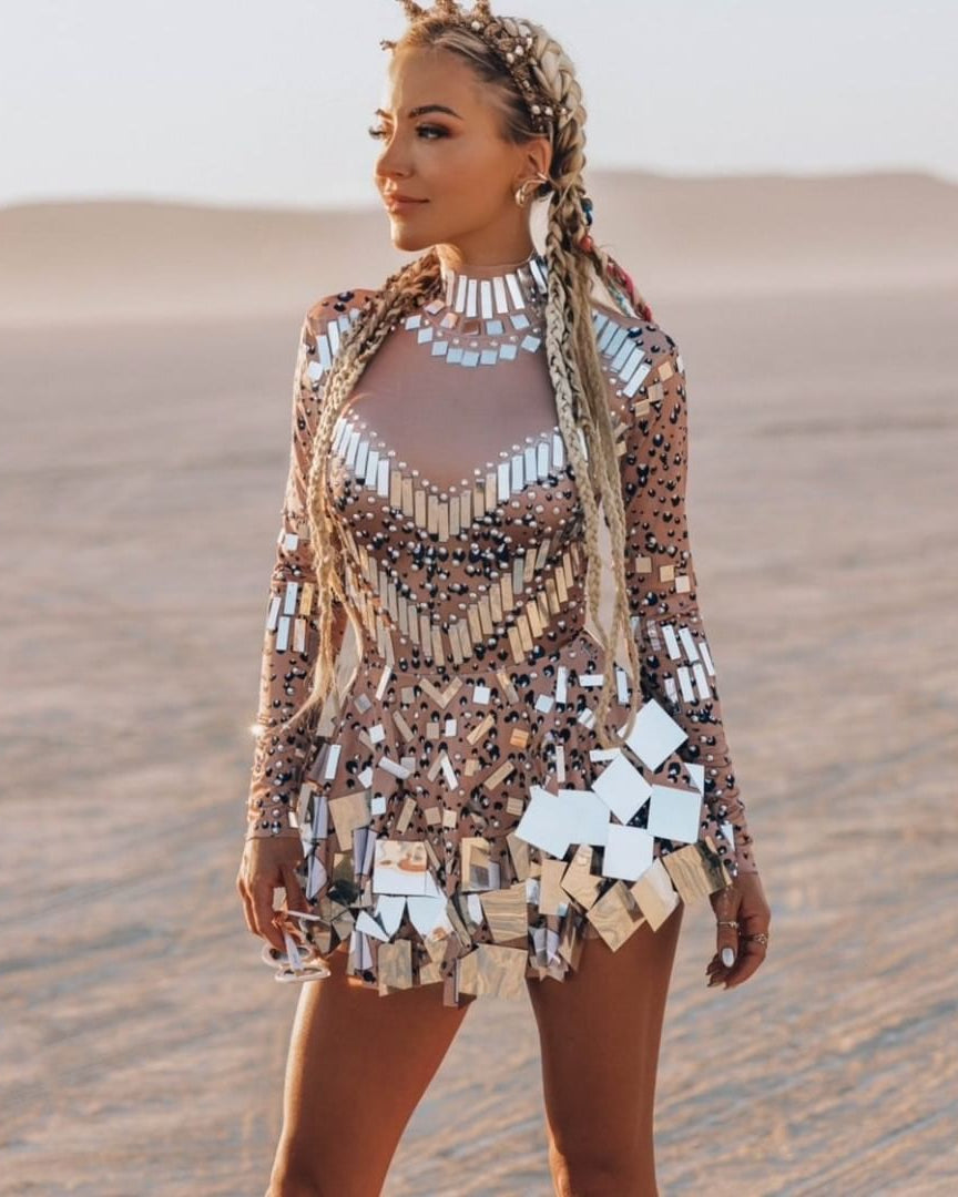Beige Long Sleeve Sequin Rhinestone Mini Dress
