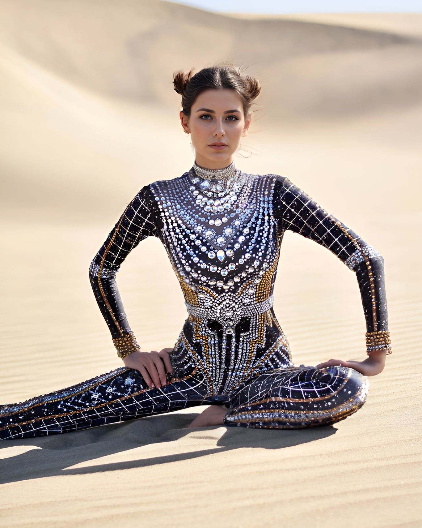 Black Rhinestones Jumpsuit with sequins on model, perfect for festivals and bold fashion moments.