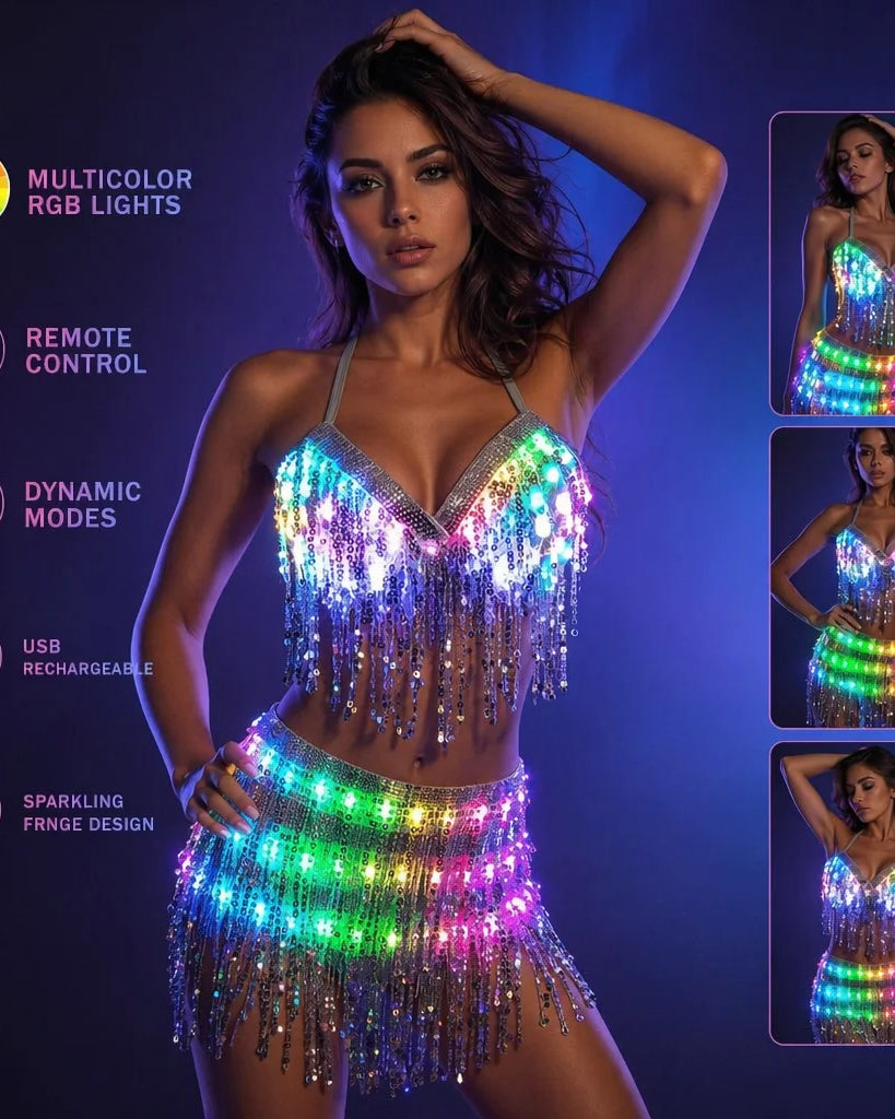 Model wearing a sparkling LED rhinestone fringe two-piece set with remote-controlled multicolor RGB lighting effects.
