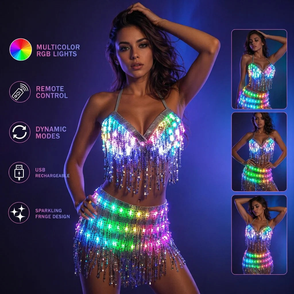 Model wearing a sparkling LED rhinestone fringe two-piece set with remote-controlled multicolor RGB lighting effects.