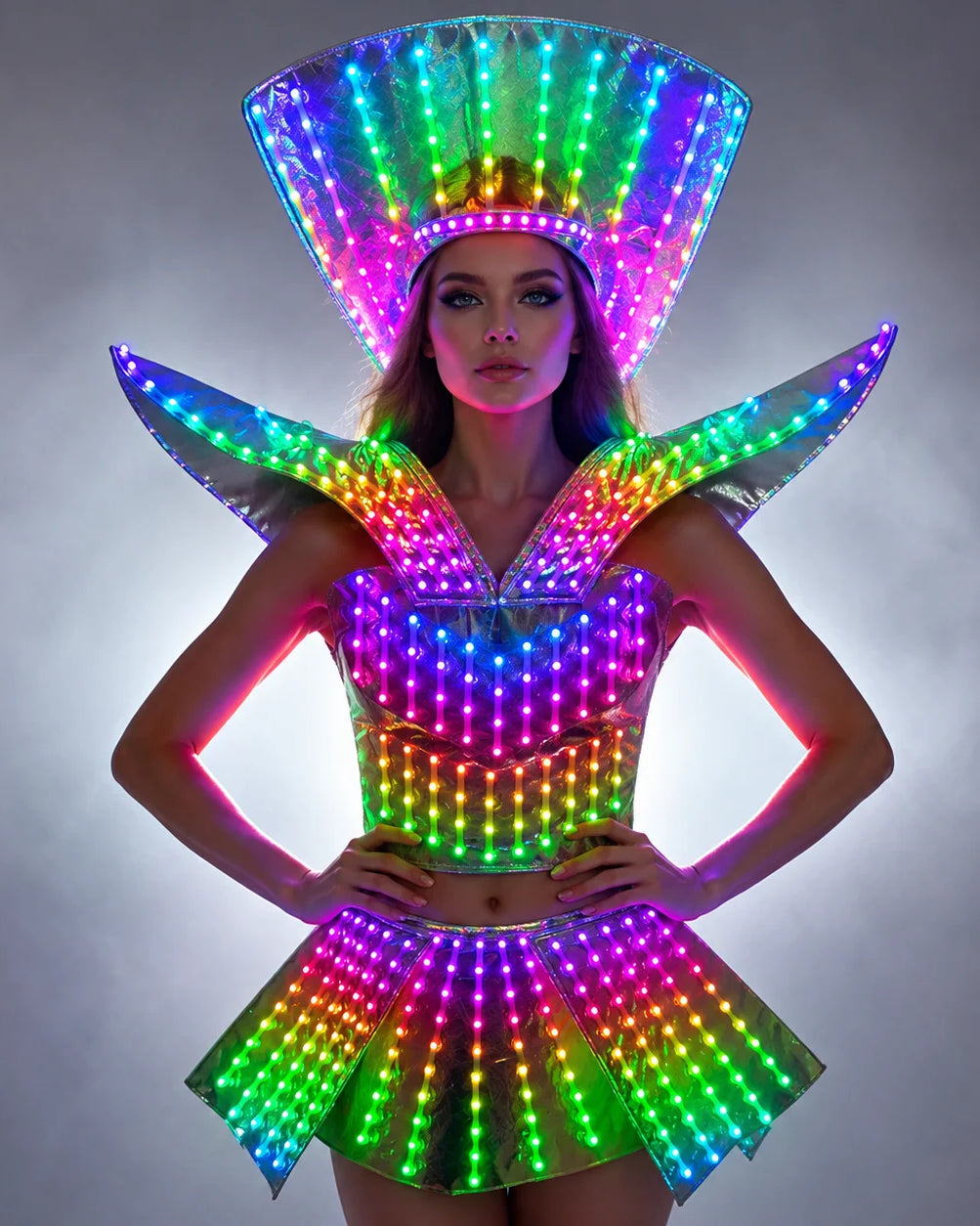 Futuristic LED shoulder armor dress with a metallic finish and vibrant, remote-controlled multicolored lighting.