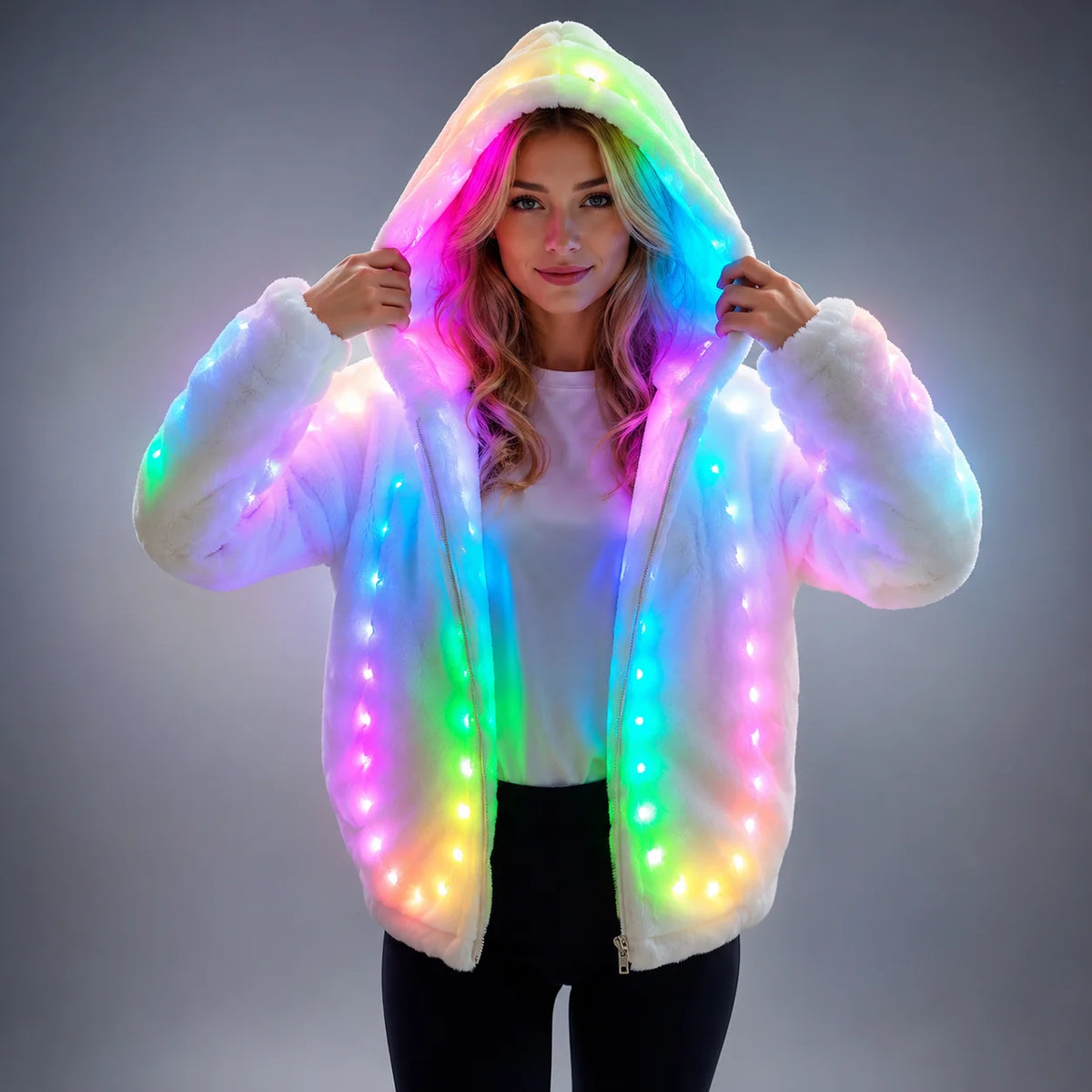 Woman wearing a plush white faux fur hooded jacket with integrated, glowing multi-colored LED lights.