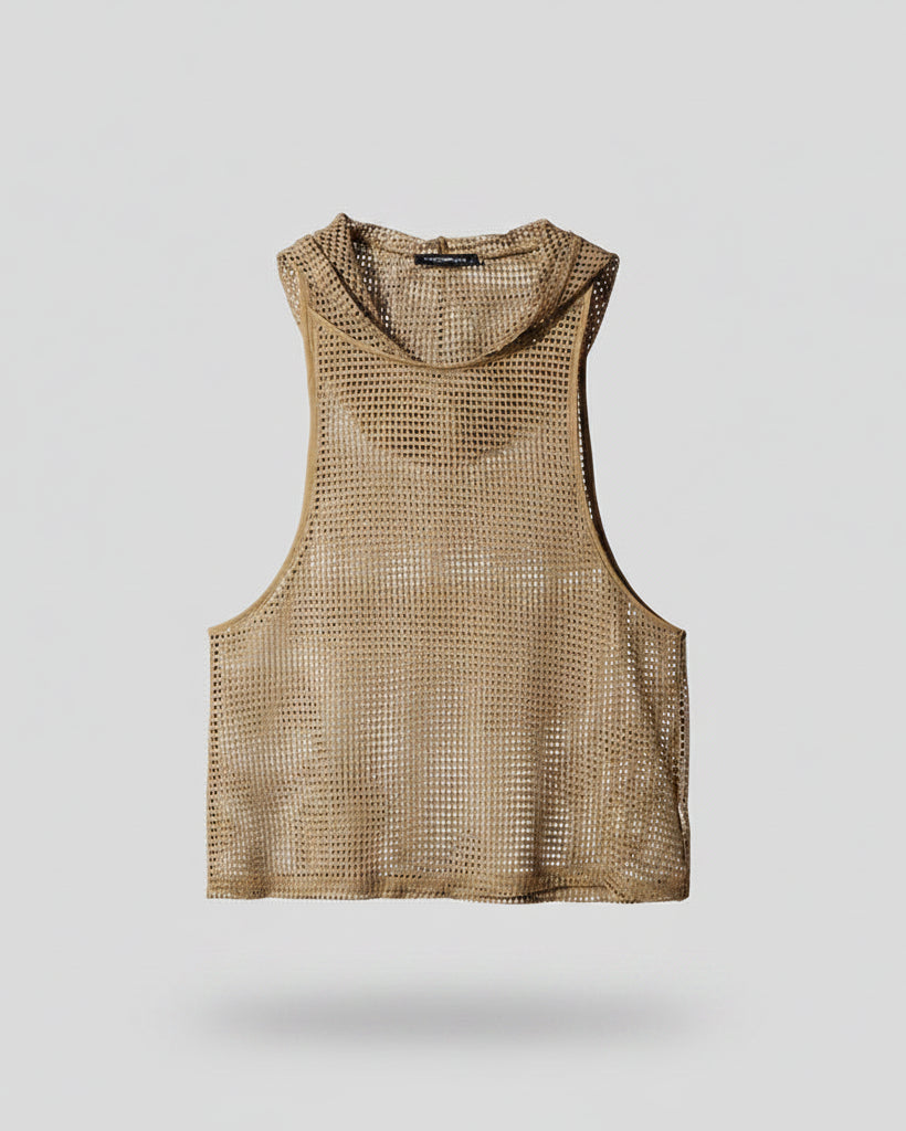 Khaki polyester mesh hooded tank top for men, featuring an open-grid, sleeveless design.