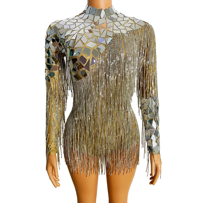 S Mirror Rhinestone Chain Backless Bodysuit