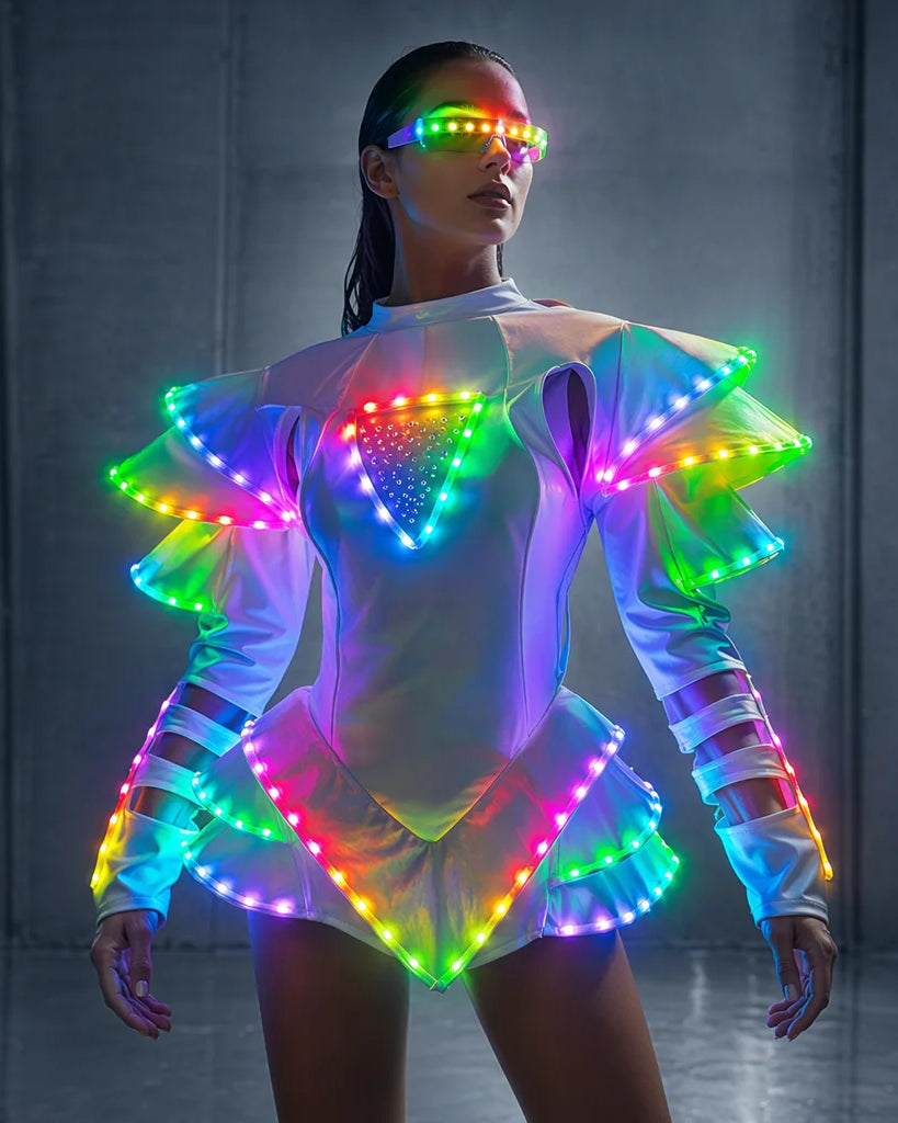 Model wearing a white futuristic LED dress with ruffled shoulders, rhinestone accents, and vibrant glowing lights.