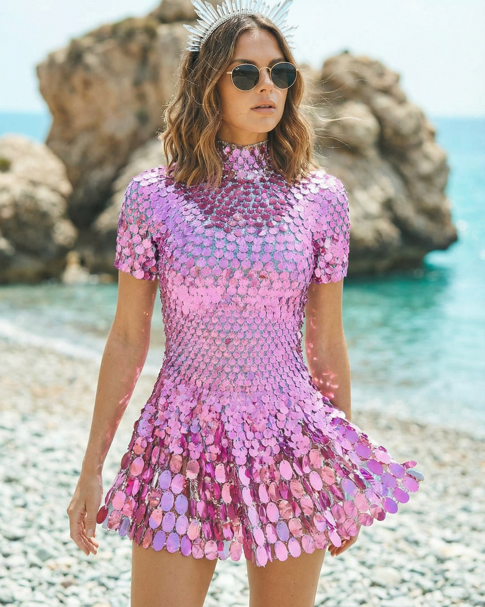 Olivia Pink Metallic Sequin Party Dress with turtleneck, short sleeves, and flared skirt, worn on a beach.