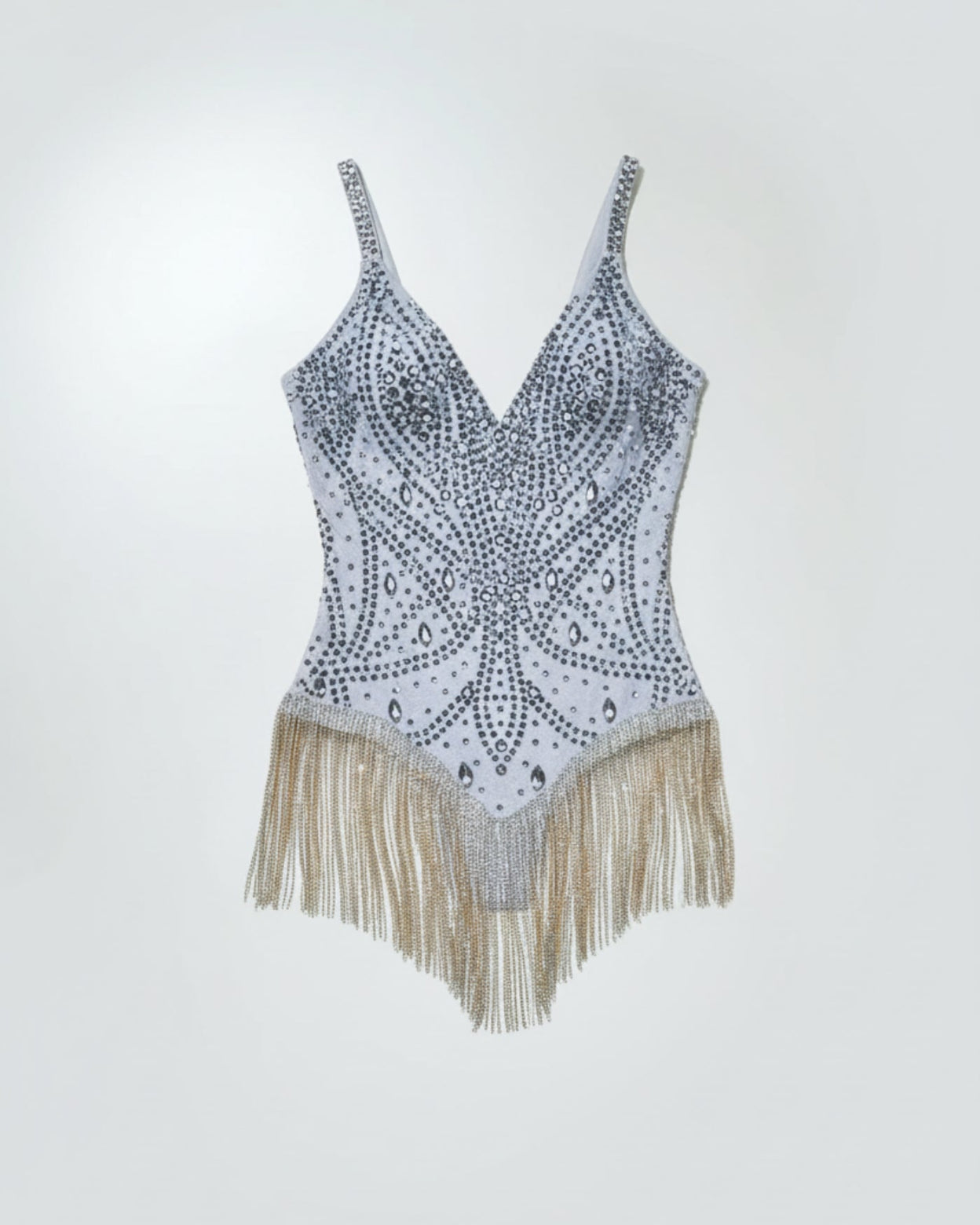full-shot rhinestone tassel bodysuit in silver with sparkling tassels and rhinestone details