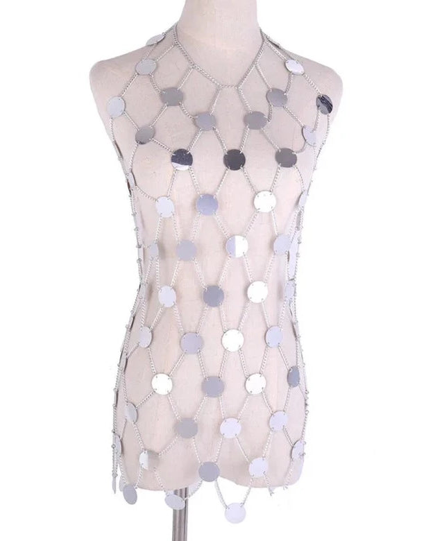silver Sequin Body Chain Dress rave outfit