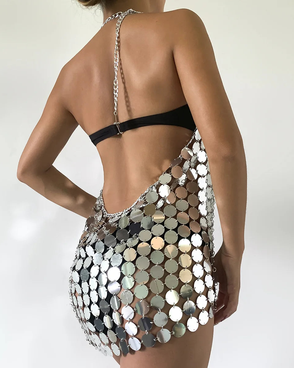 Back Silver Chainmail Sequin Mini Dress
