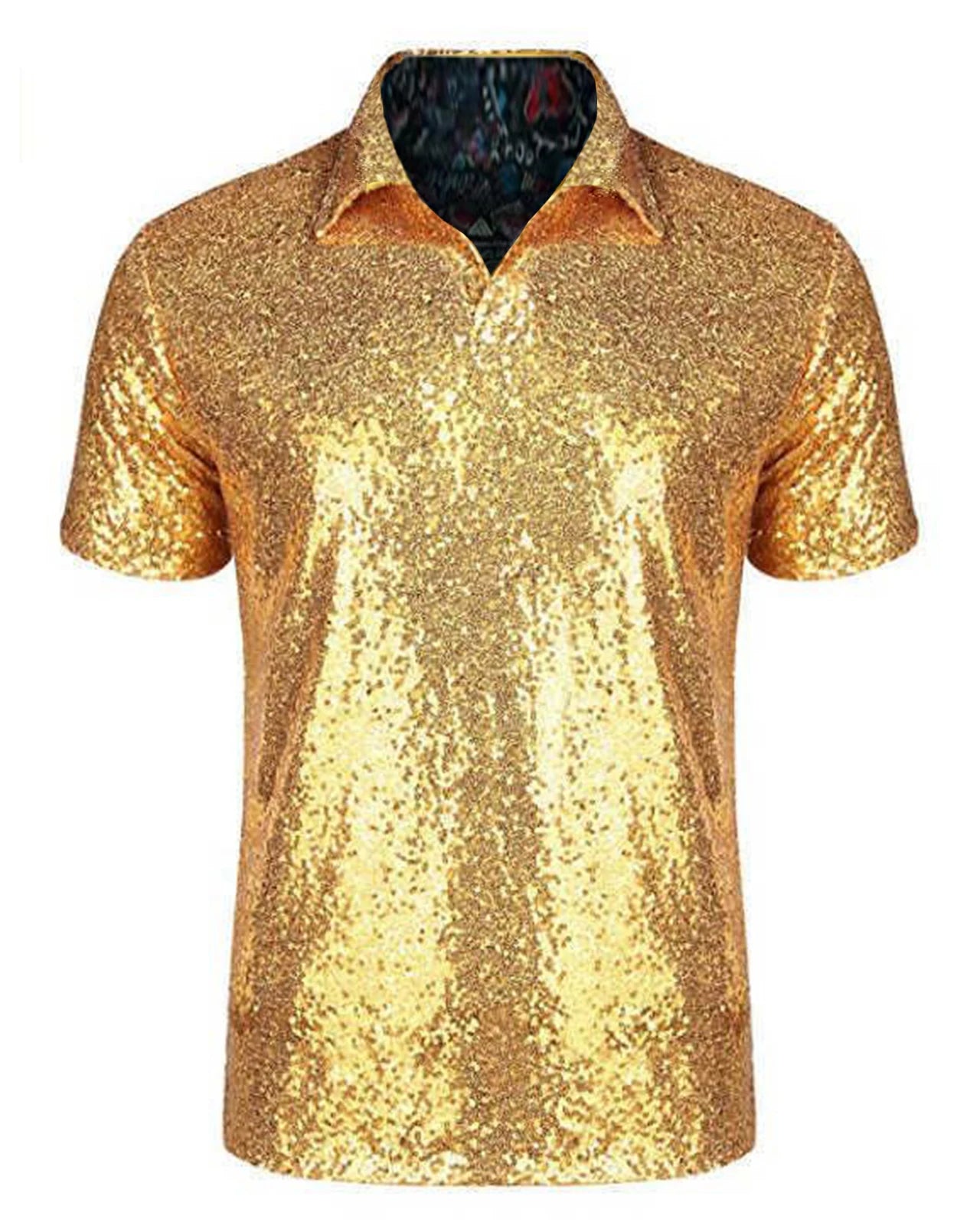 Men's gold sequin short-sleeve polo shirt with a quarter-button placket and relaxed fit.