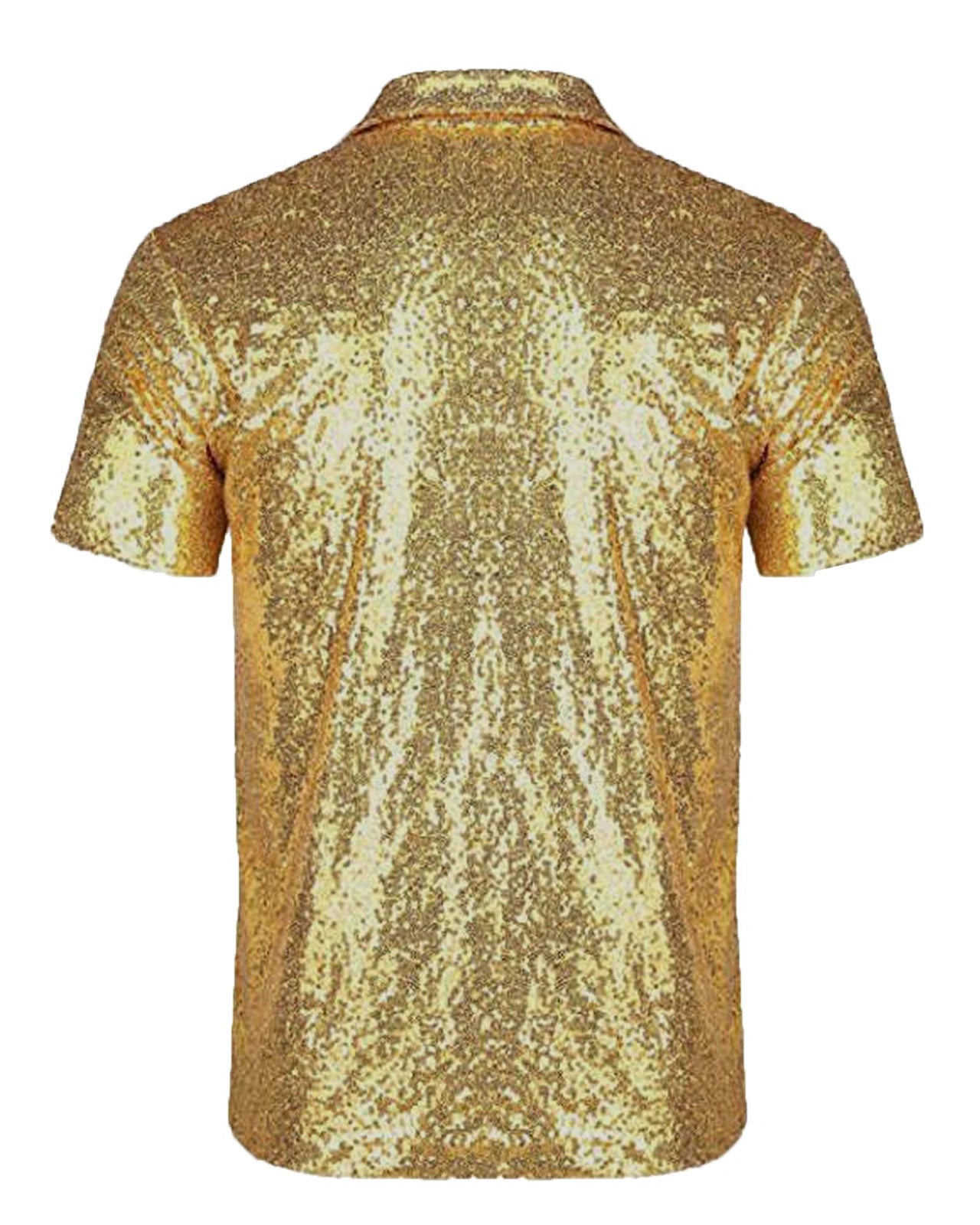 Back view of a men's gold sequin short sleeve shirt with a relaxed fit.