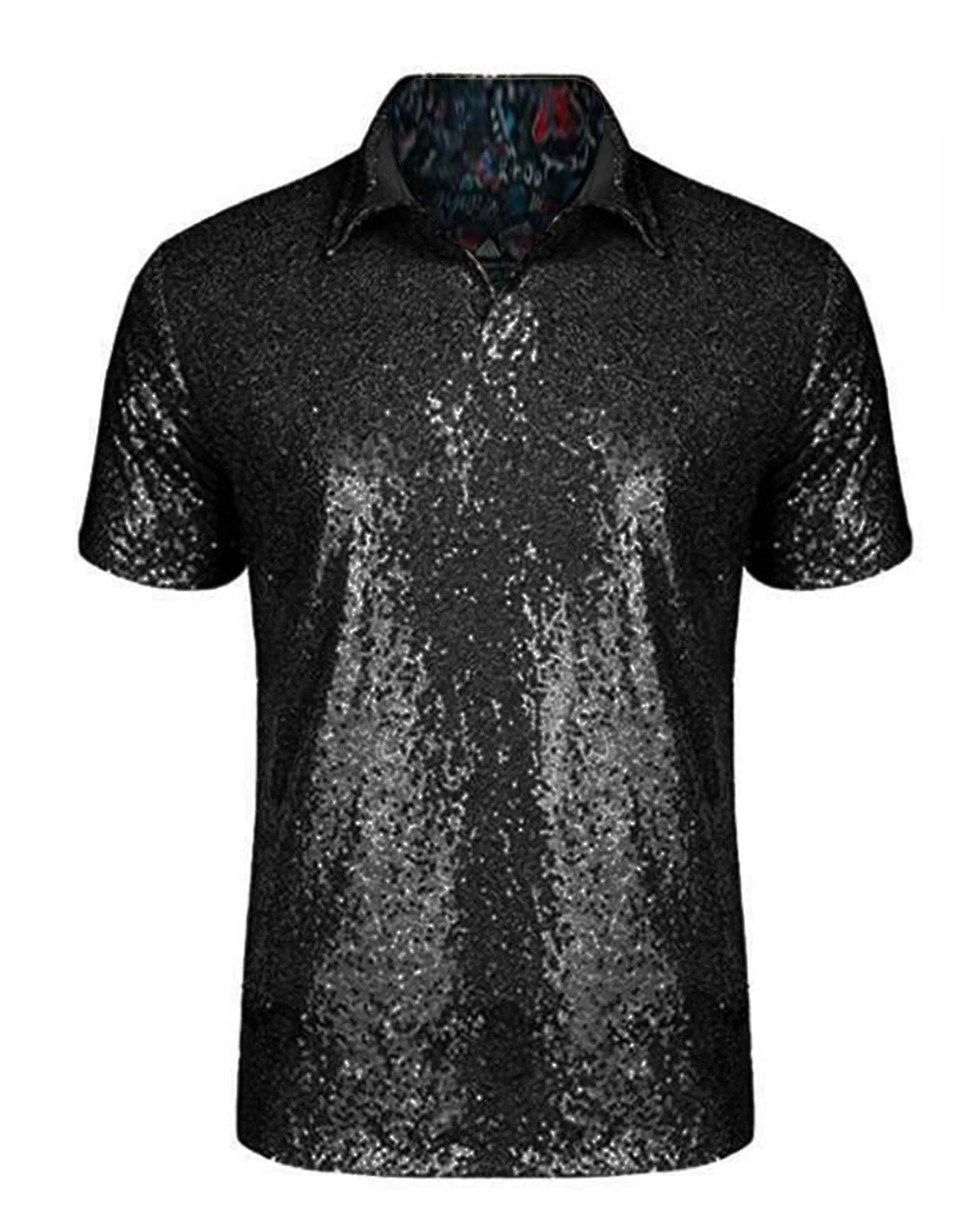 Men's black sequin short sleeve shirt with a quarter-button placket and relaxed fit.