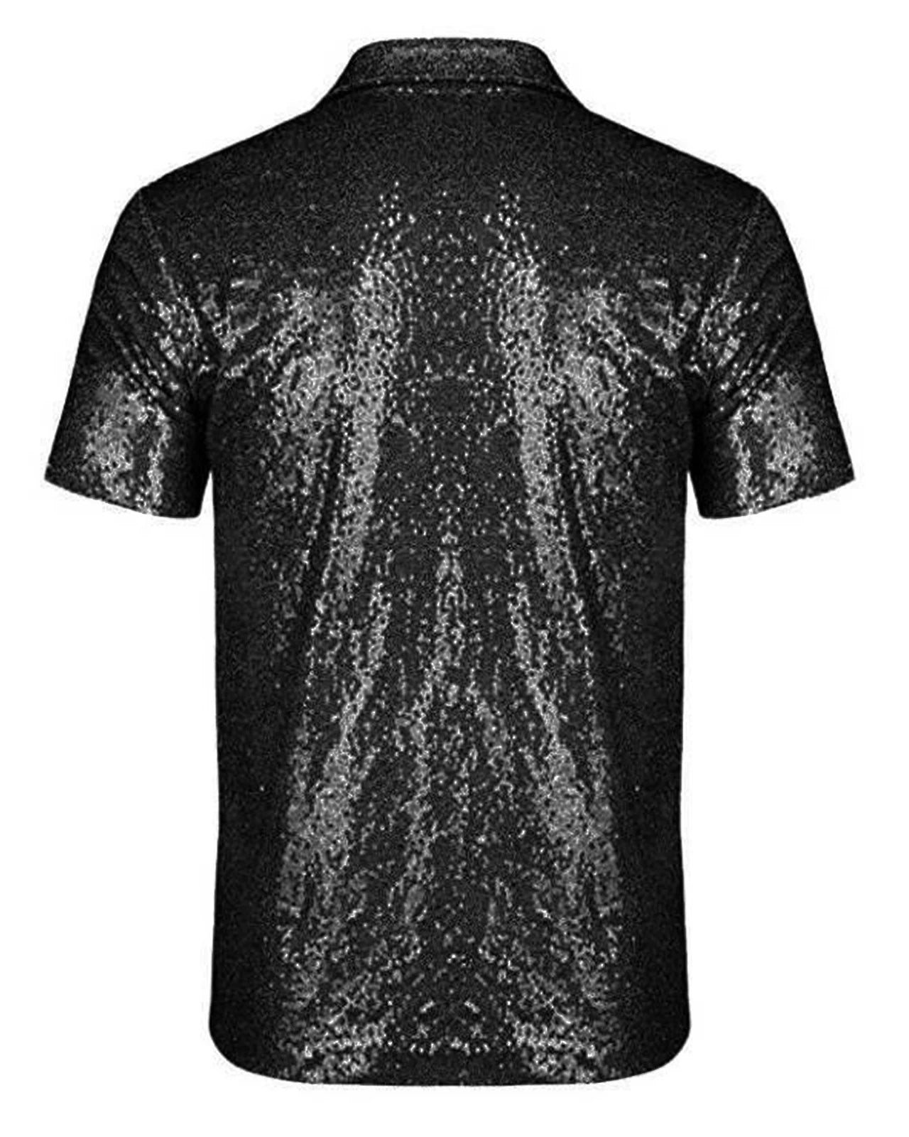 Men's black sequin short sleeve shirt, back view, showcasing all-over sparkle and relaxed fit.
