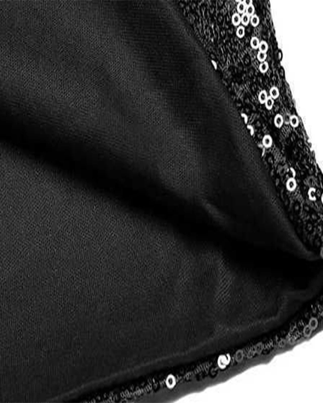 Close-up of a black sequin short sleeve men's shirt, showing the shimmering sequins and smooth inner lining.