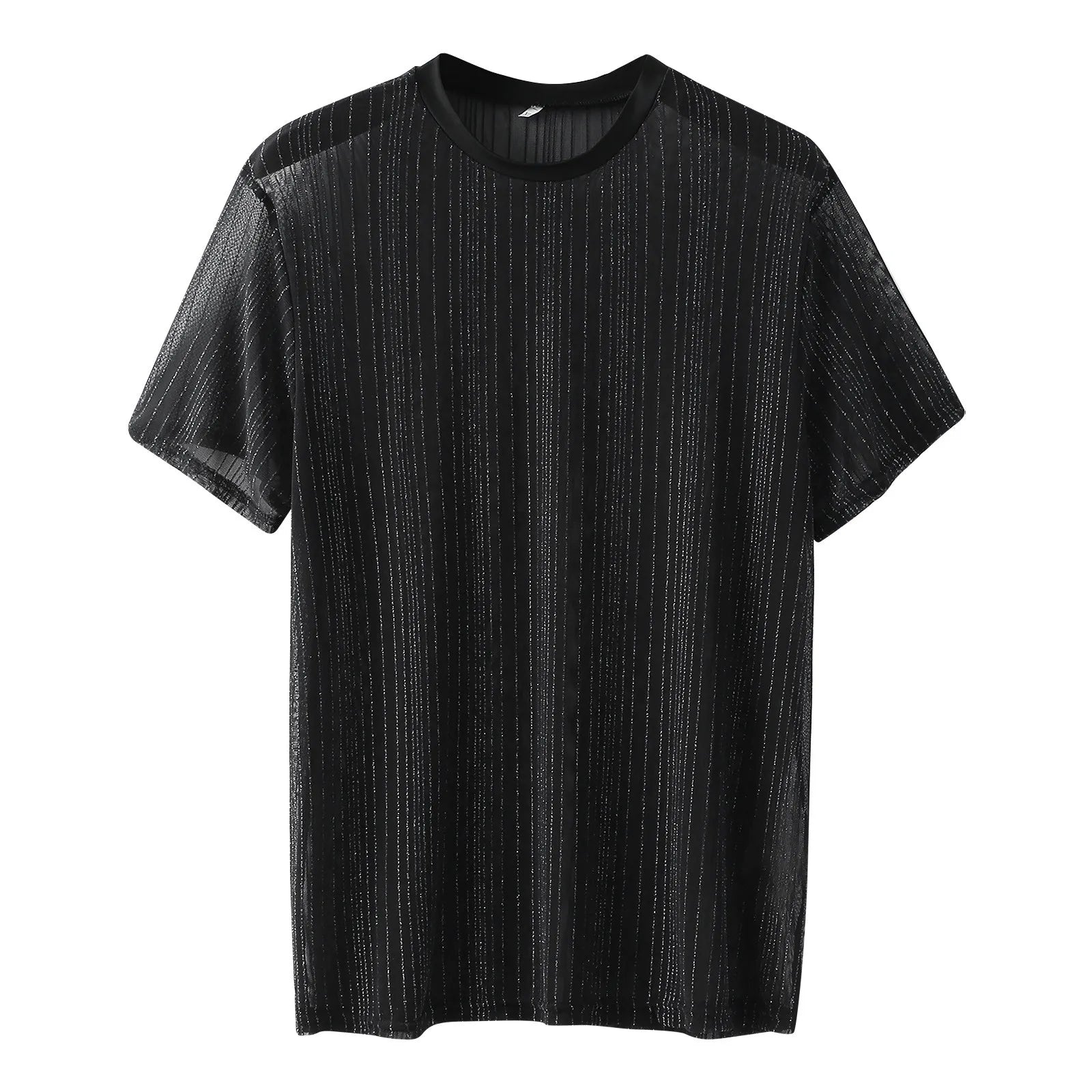 Shiny Mesh T-Shirt in black mesh fabric, perfect for festivals and stylish outings.