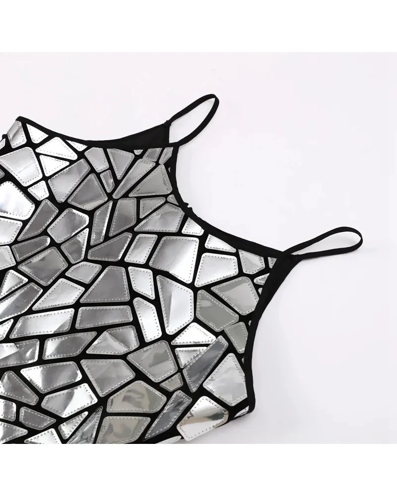 Detail of the Shiny Metallic Mirror Party Dress showcasing its unique reflective design and straps.
