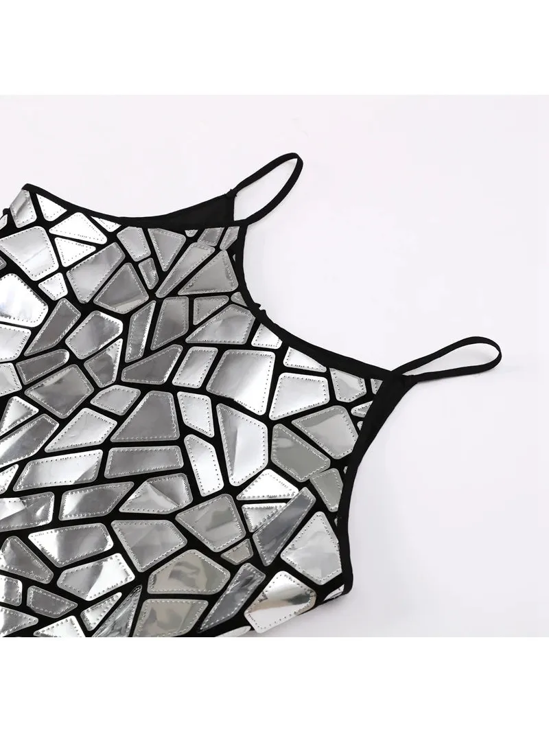 Detail of the Shiny Metallic Mirror Party Dress showcasing its unique reflective design and straps.