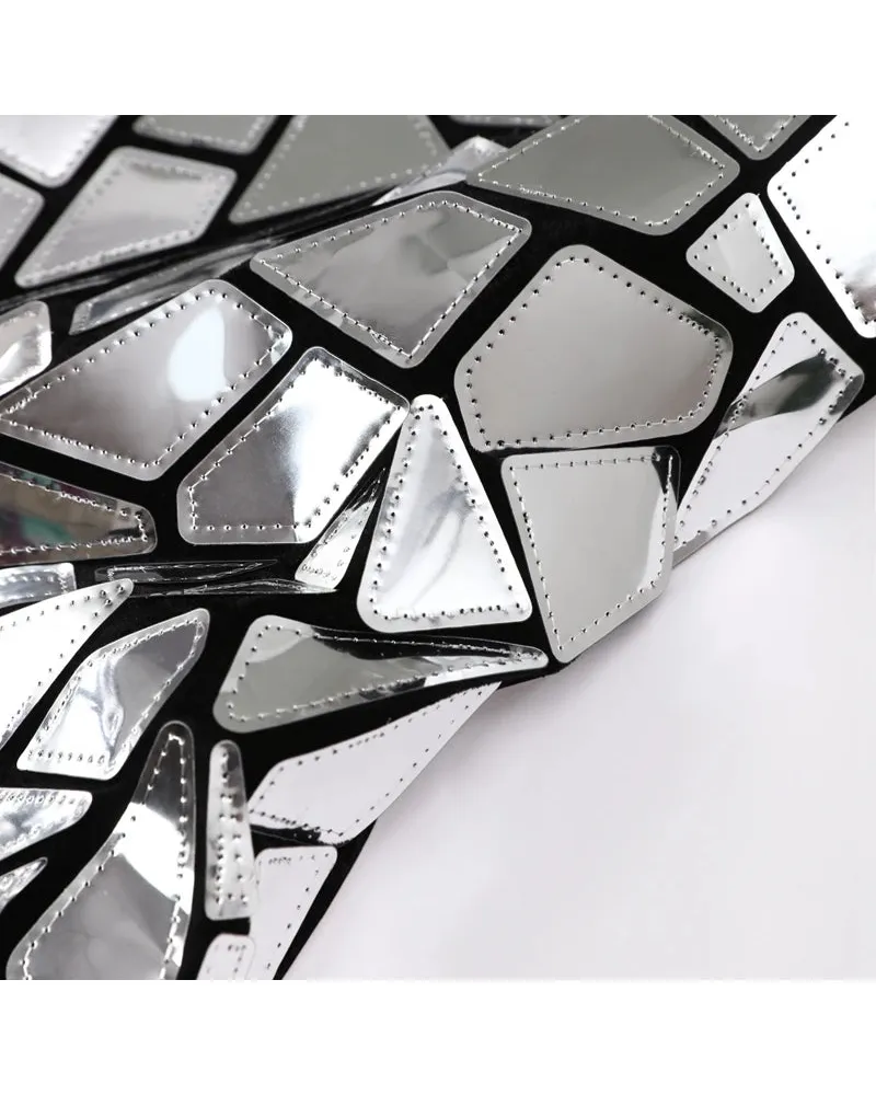 Close-up of shiny metallic mirror fabric showcasing geometric patterns for the Shiny Metallic Mirror Party Dress.