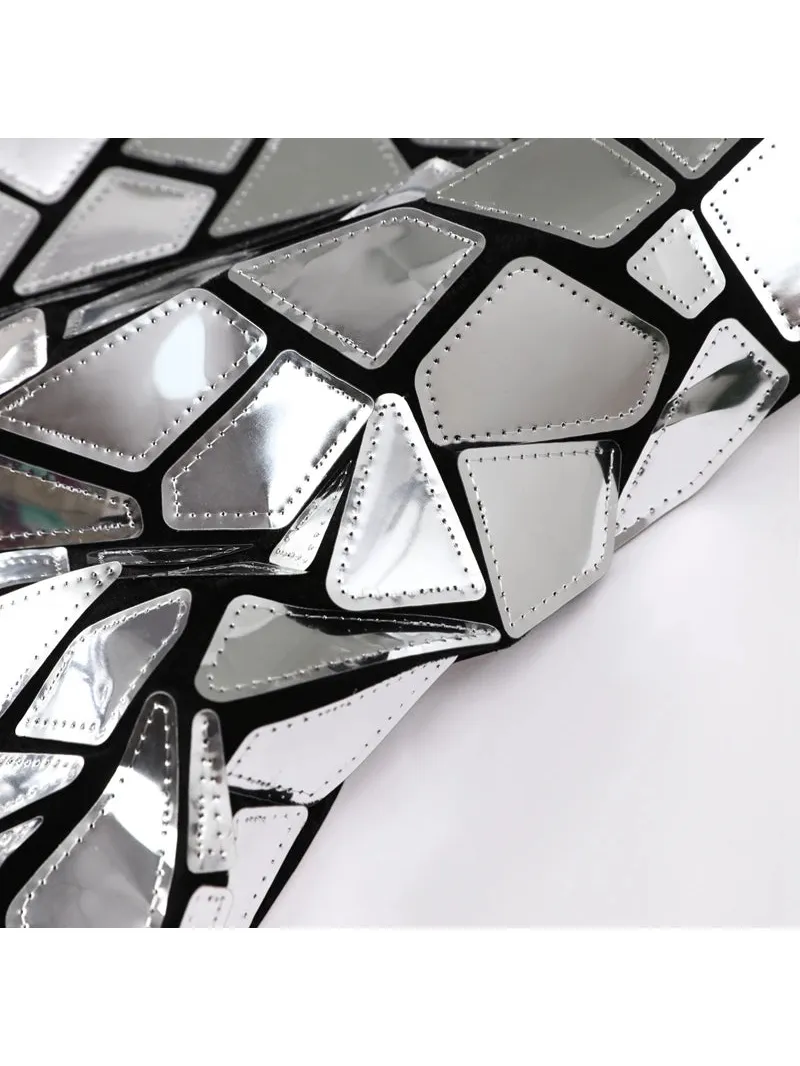Close-up of shiny metallic mirror fabric showcasing geometric patterns for the Shiny Metallic Mirror Party Dress.