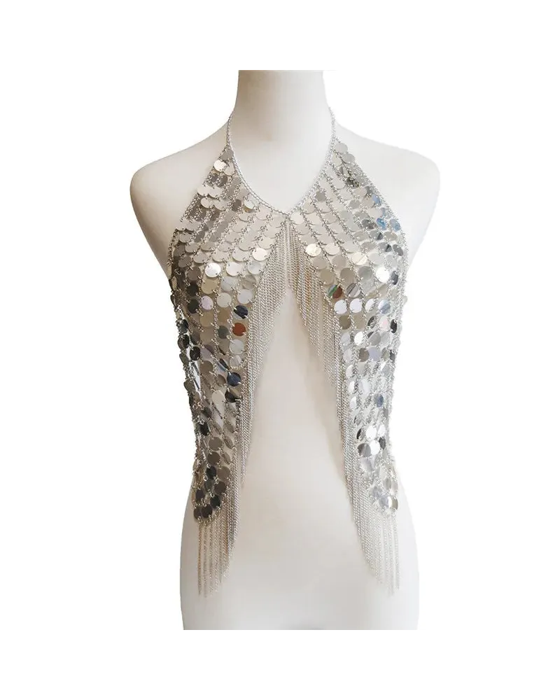 Acryl-Pailletten-Top mit schimmernden silbernen Pailletten, perfekt für Festival-Outfits und Rave-Partys.