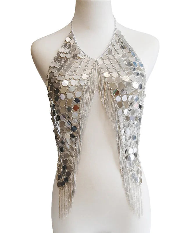 Acrylic Sequin Tank Top featuring shimmering silver sequins, perfect for festival outfits and rave parties.