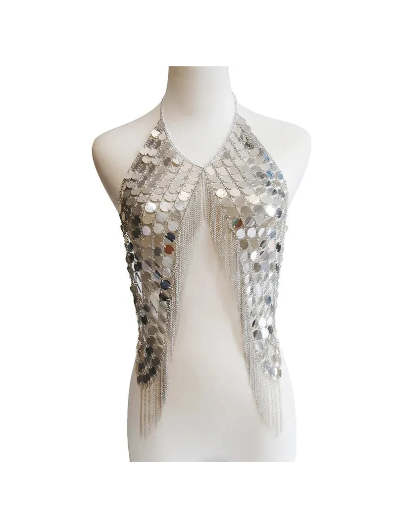 Débardeur en acrylique à sequins avec des sequins argentés scintillants, parfait pour les tenues de festival et les soirées rave.