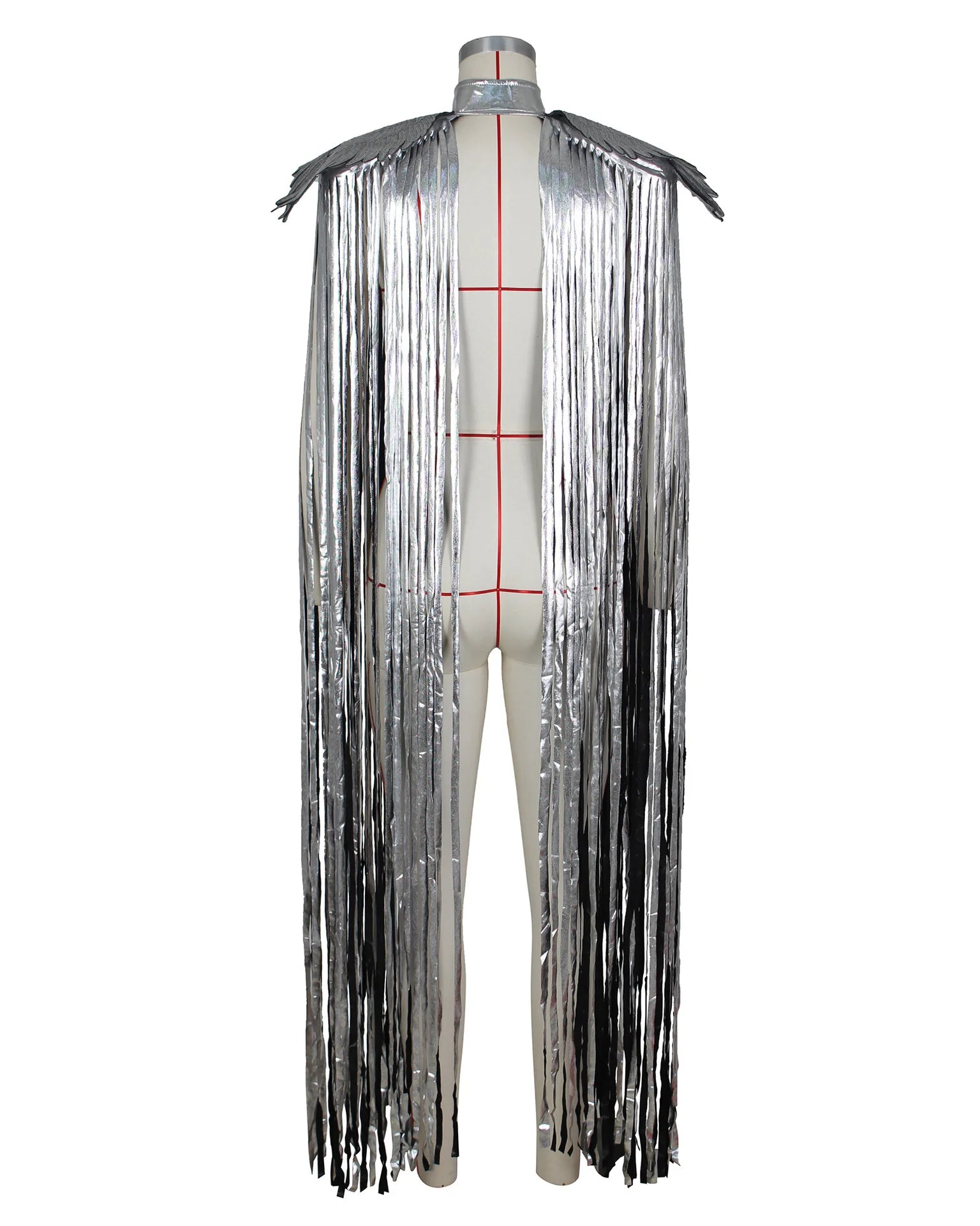 Cosplay Long Tassel Wings featuring shimmering silver tassels and dramatic flowing design.