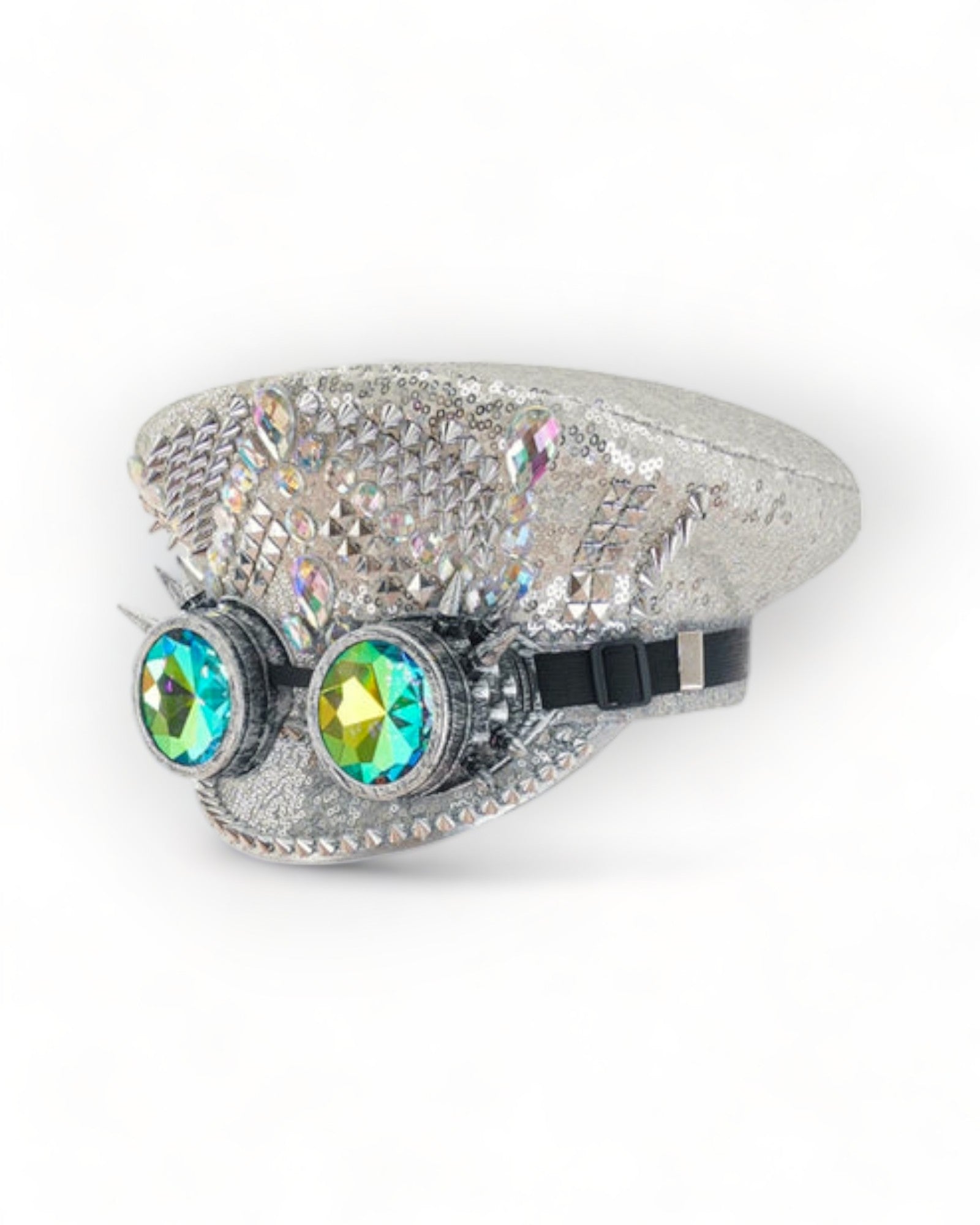 Silver Military Hat with Rhinestones and Kaledoiscope Sunglasses