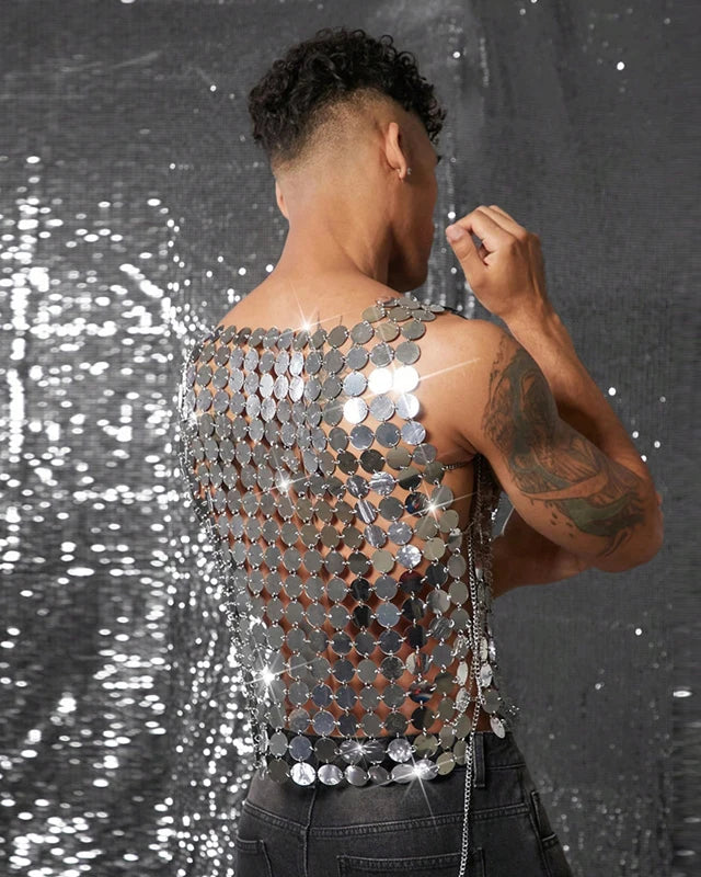 Men's silver mirror disc chain vest, handmade with interlocking discs, open chain sides, shown from behind.