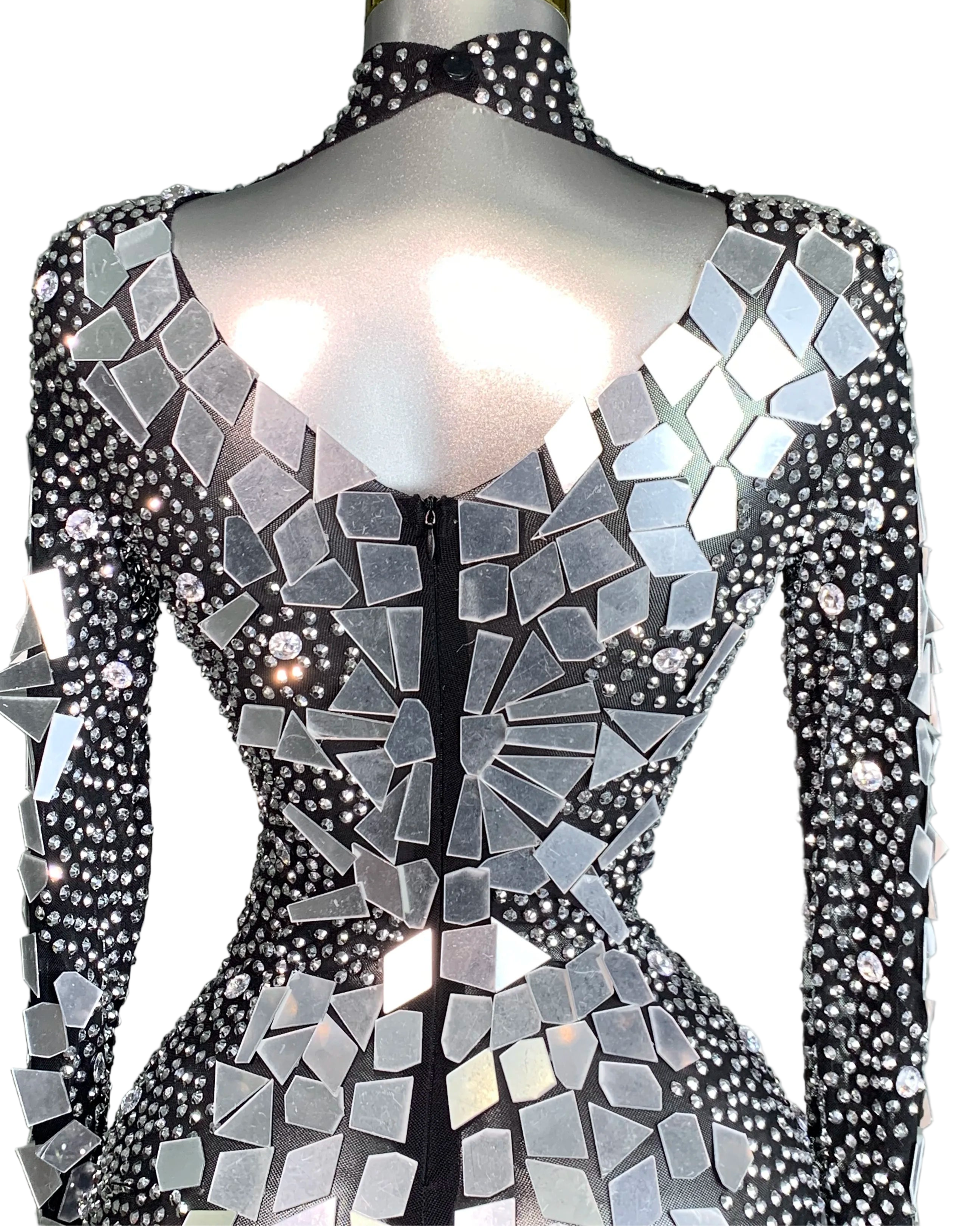 Silver Mirror Rhinestone Long-Sleeve Bodysuit