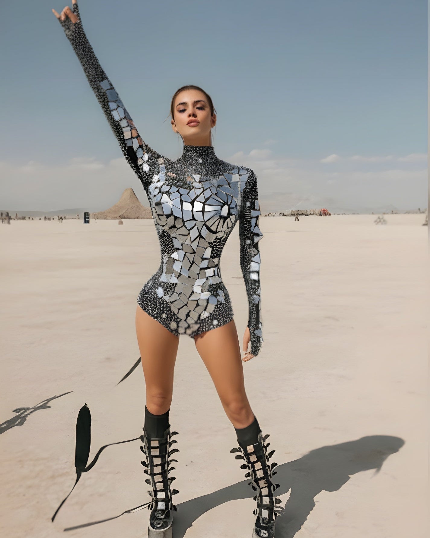 Silver Mirror Rhinestone Long-Sleeve Bodysuit