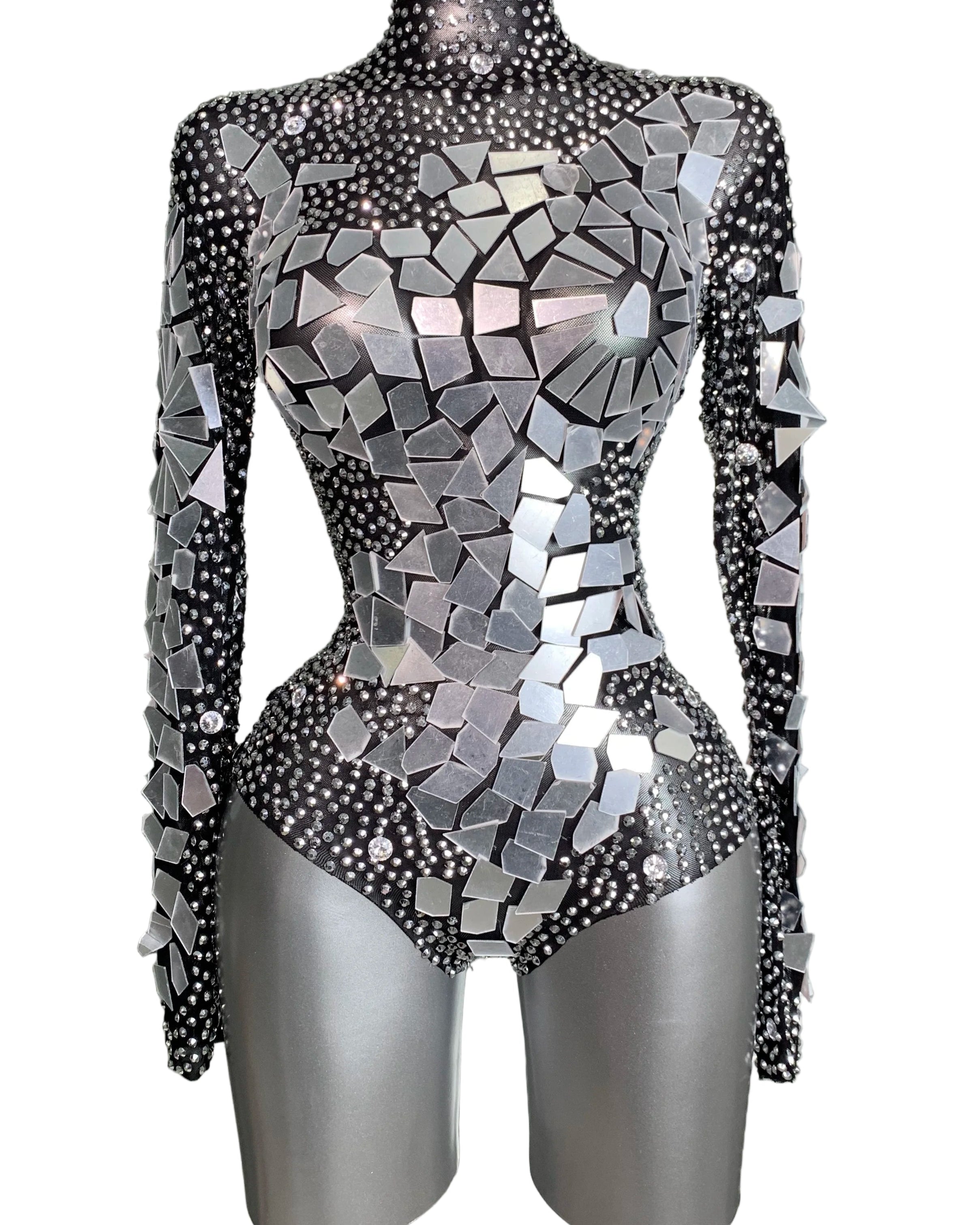 Silver Mirror Rhinestone Long-Sleeve Bodysuit