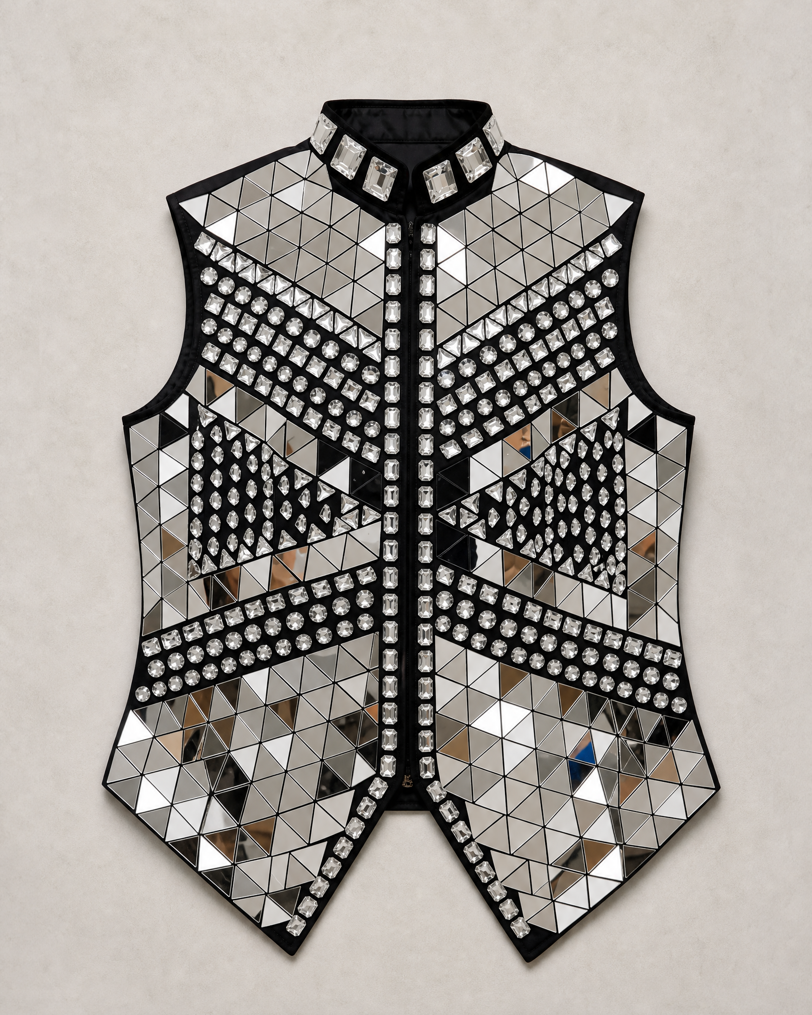 Silver mirror rhinestone men's vest with geometric panels and hand-glued crystals on a black polyester base.