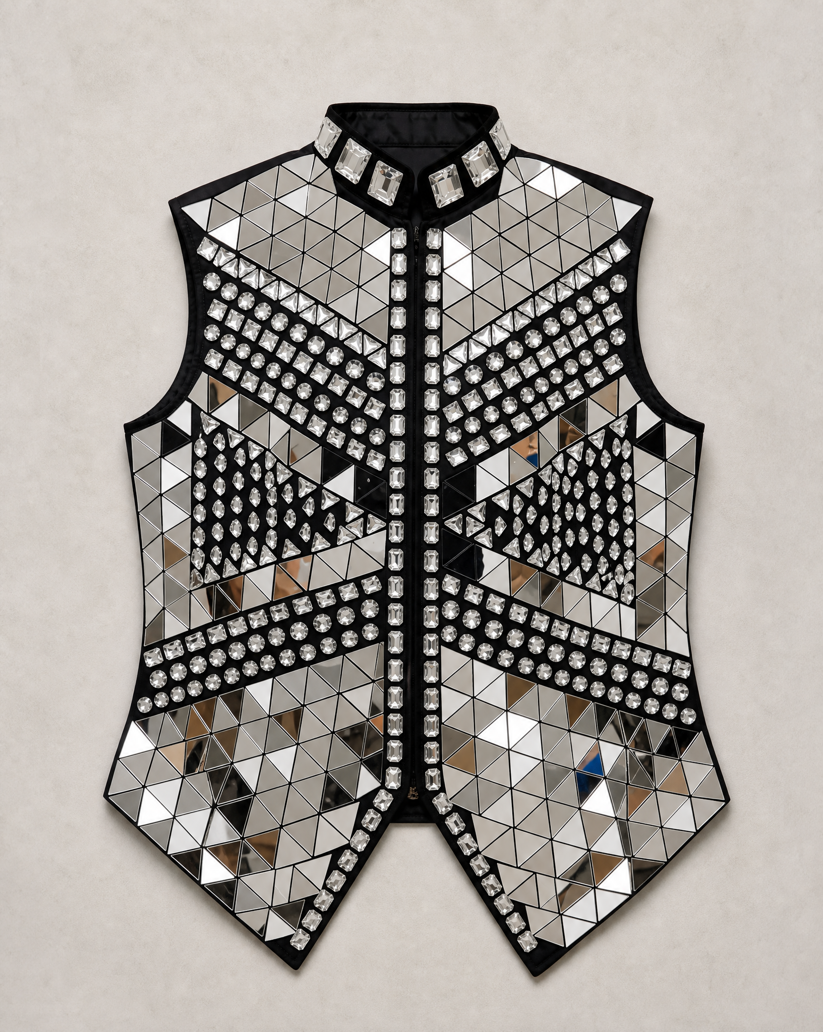 Silver mirror rhinestone men's vest with geometric panels and hand-glued crystals on a black polyester base.