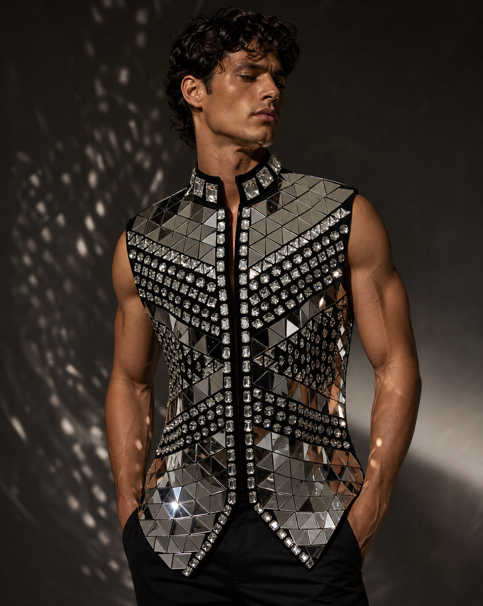 Men's silver mirror rhinestone vest with geometric panels and crystal embellishments on a black base.