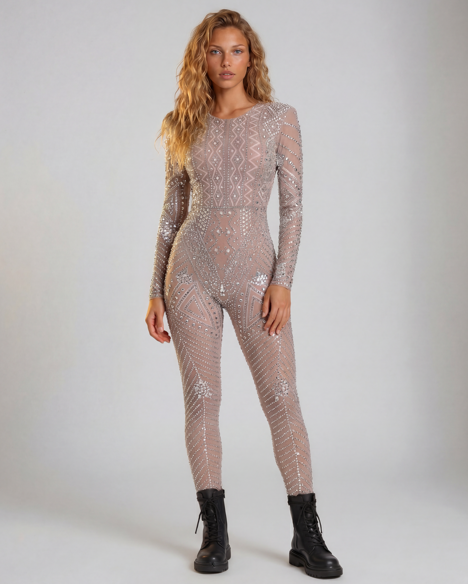 Nova Silver Rhinestone Jumpsuit: full-body, long-sleeve, fitted, sheer nude polyester-elastane with geometric rhinestone patterns.