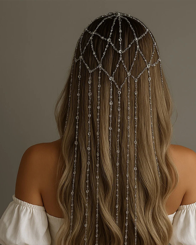 Silver rhinestone fringe chain headband on long wavy brown hair, viewed from behind.