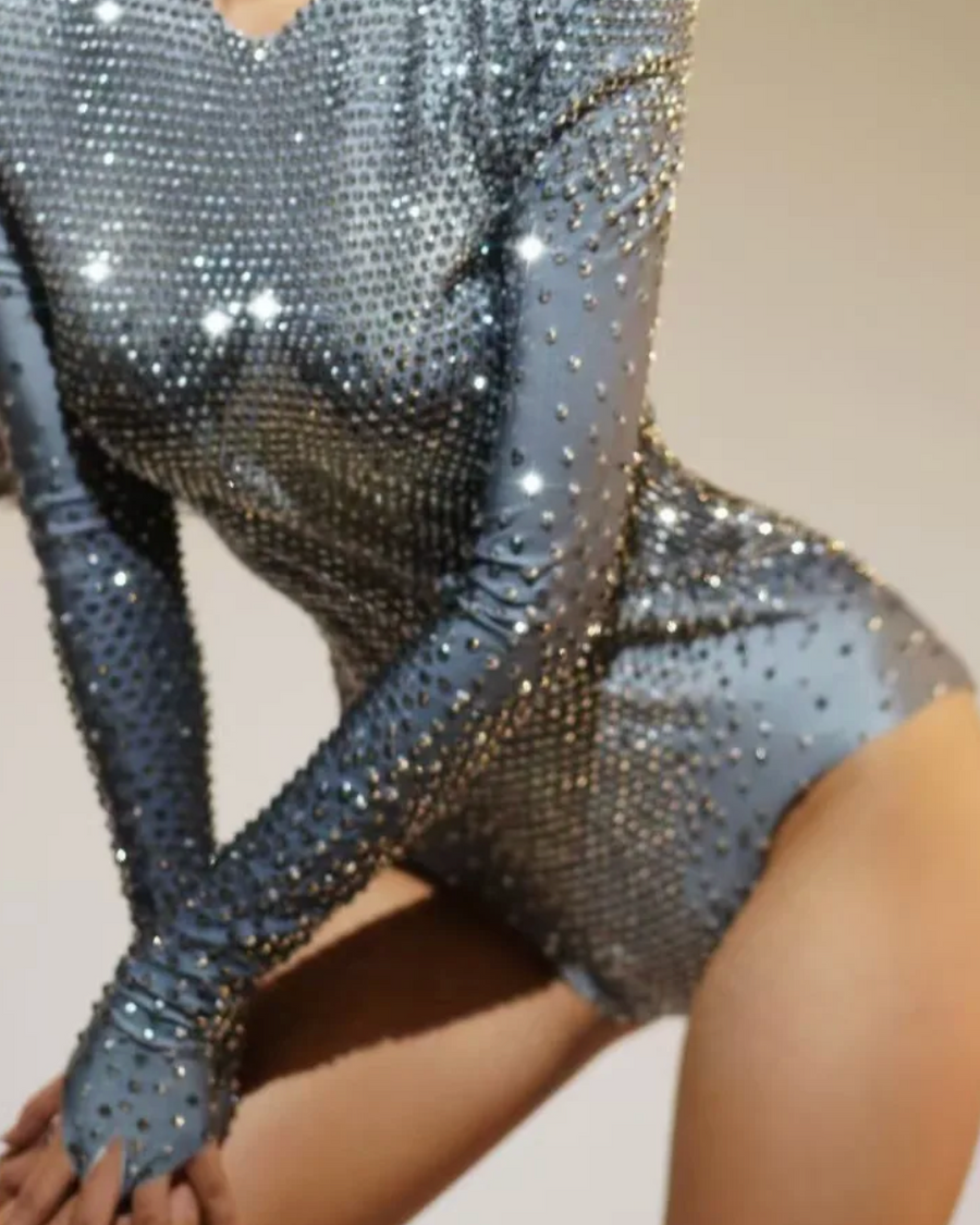 S Silver Rhinestone Long-Sleeve Bodysuit