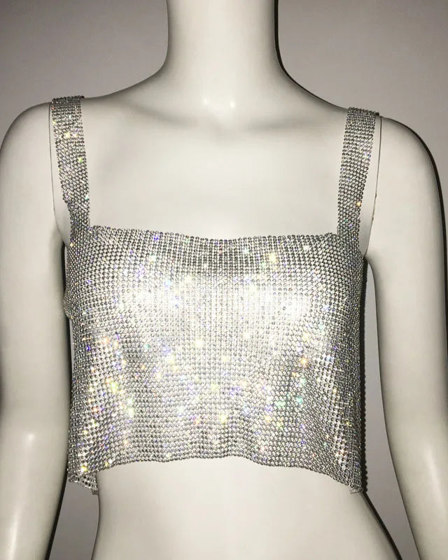 Rhinestones Crop Top in shimmering silver, perfect for festivals and parties.