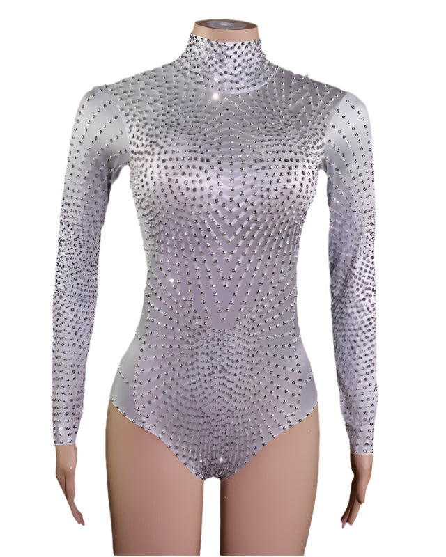 Rhinestones Long Sleeve Bodysuit with silver rhinestones, ideal for lively parties and events.
